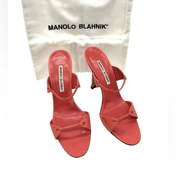 Manolo Blahnik Salmon Strappy Mule Sandals Heels Size 38 7.5 US