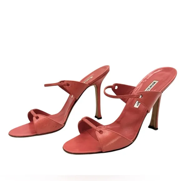 Manolo Blahnik Salmon Strappy Mule Sandals Heels Size 38 7.5 US