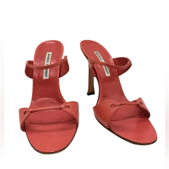 Manolo Blahnik Salmon Strappy Mule Sandals Heels Size 38 7.5 US