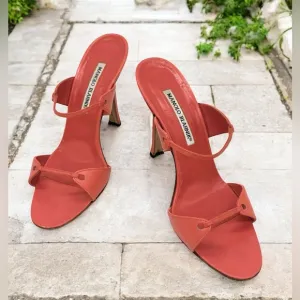 Manolo Blahnik Salmon Strappy Mule Sandals Heels Size 38 7.5 US