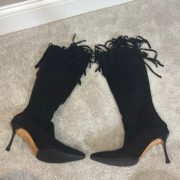 Manolo Blahnik Suede Fringe Trim Accent Boots size 8.5