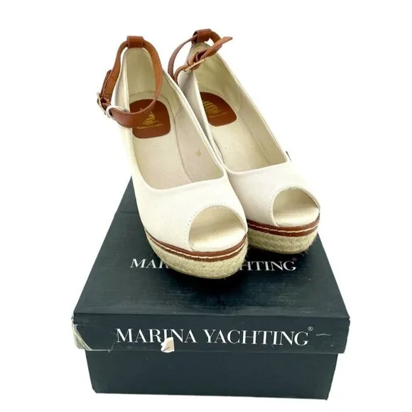 Marina Yachting Open Toe Wedge Shoes Canvas Espadrille Ankle Strap 36 EU NIB