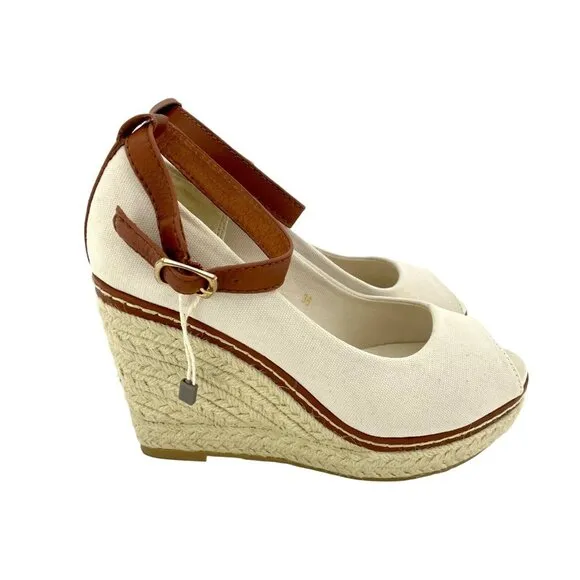 Marina Yachting Open Toe Wedge Shoes Canvas Espadrille Ankle Strap 36 EU NIB