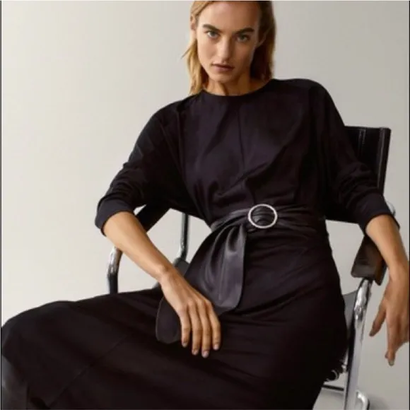 Massimo Dutti Long Dolman Sleeve Dress Size S Black Midi Modern Runway Capsule
