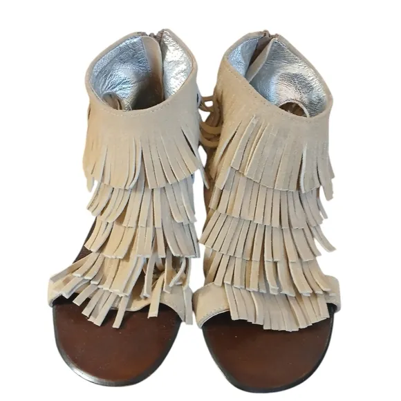 Matiko Tan Fringed Wedge Sandals Suede Open Toe Women's Sandals size 7.5