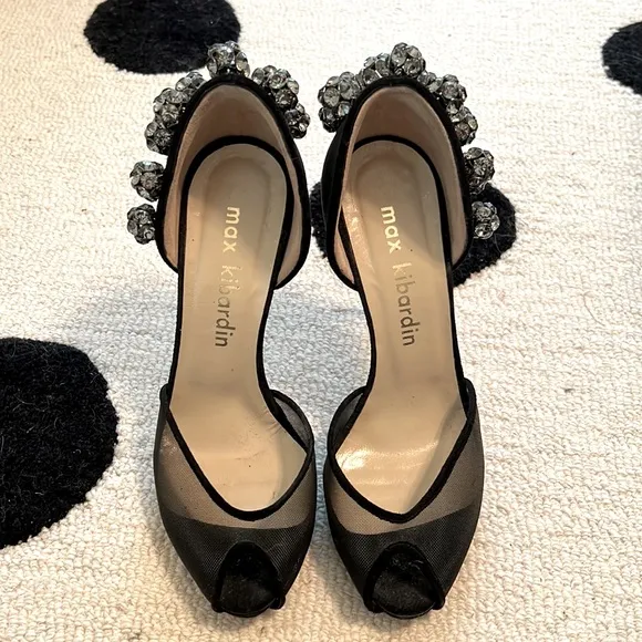 Max Kibardin Black Embellished Peep Toe Heels
