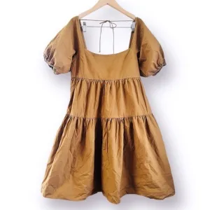 MDRN MODERN CITIZEN DRESS Milkmaid ANDRA BROWN PUFF SLEEVE BOHO TIERED COTTON