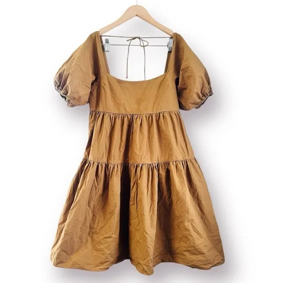 MDRN MODERN CITIZEN DRESS Milkmaid ANDRA BROWN PUFF SLEEVE BOHO TIERED COTTON