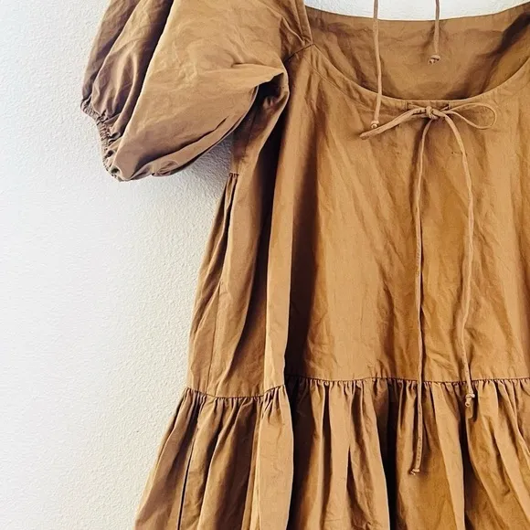 MDRN MODERN CITIZEN DRESS Milkmaid ANDRA BROWN PUFF SLEEVE BOHO TIERED COTTON