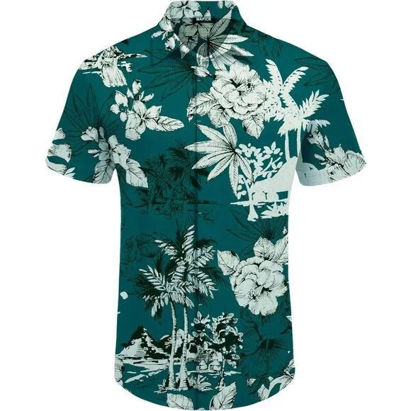 Men's Green Palm Tree Linen Short Sleeve Button Down Casual Shirt Business
