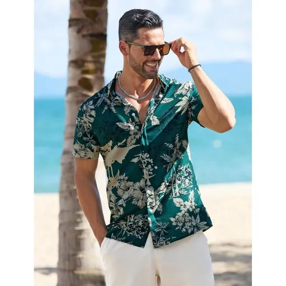 Men's Green Palm Tree Linen Short Sleeve Button Down Casual Shirt Business