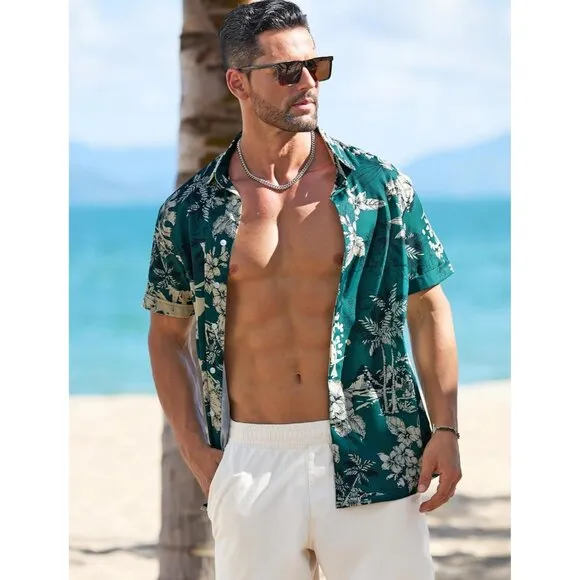 Men's Green Palm Tree Linen Short Sleeve Button Down Casual Shirt Business