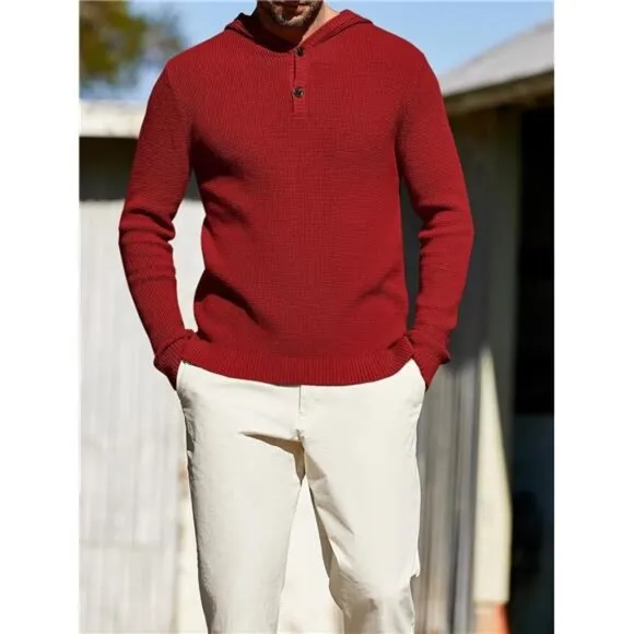 Mens Pullover Waffle Knit Sweater Long Sleeve Lightweight Hooded Sweatshirt