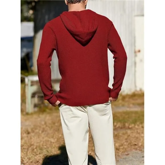 Mens Pullover Waffle Knit Sweater Long Sleeve Lightweight Hooded Sweatshirt