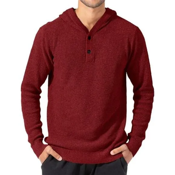 Mens Pullover Waffle Knit Sweater Long Sleeve Lightweight Hooded Sweatshirt