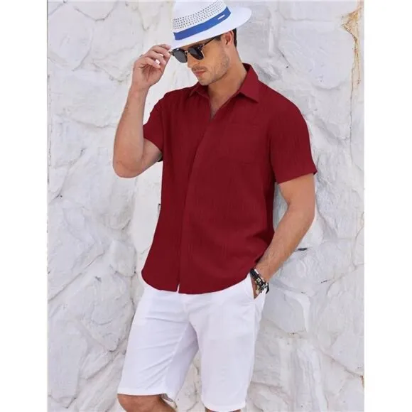 Mens Shirts Short Sleeve Button Down Red