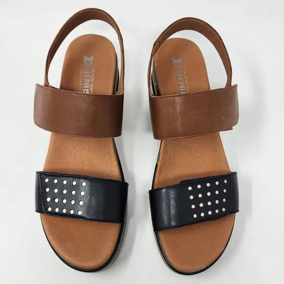 Mephisto Sandals Women EU42/US12 Swena Brown &amp; Black Leather Comfort Wedge Shoe