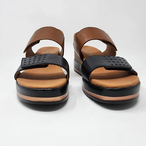 Mephisto Sandals Women EU42/US12 Swena Brown &amp; Black Leather Comfort Wedge Shoe