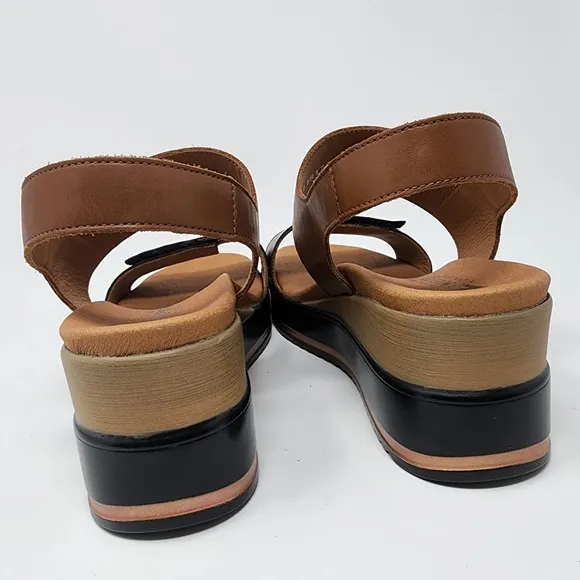 Mephisto Sandals Women EU42/US12 Swena Brown &amp; Black Leather Comfort Wedge Shoe