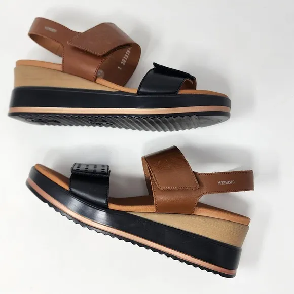 Mephisto Sandals Women EU42/US12 Swena Brown &amp; Black Leather Comfort Wedge Shoe