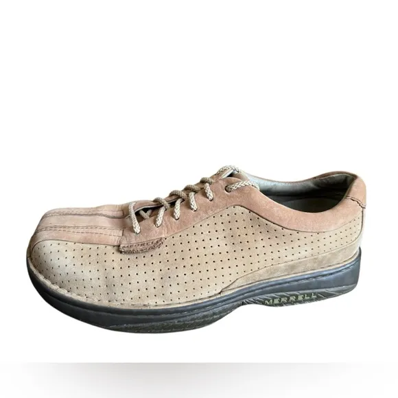 Merrell World Myth Taupe Leather Lace Up Square Toe Perforated Men's Shoes 10