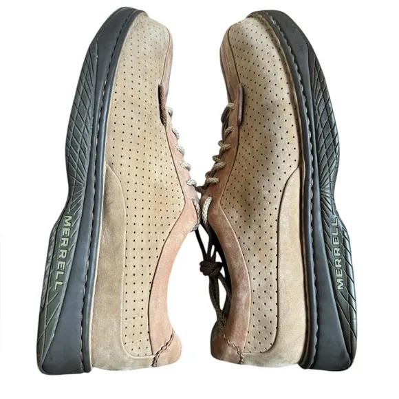 Merrell World Myth Taupe Leather Lace Up Square Toe Perforated Men's Shoes 10
