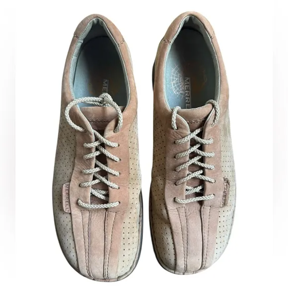 Merrell World Myth Taupe Leather Lace Up Square Toe Perforated Men's Shoes 10