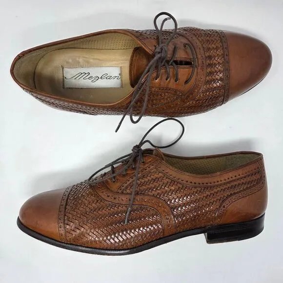 MEZLAN MARTINIQUE BROWN WOVEN LEATHER CAP TOE OXFORD DRESS SHOES MENS 9 WIDE