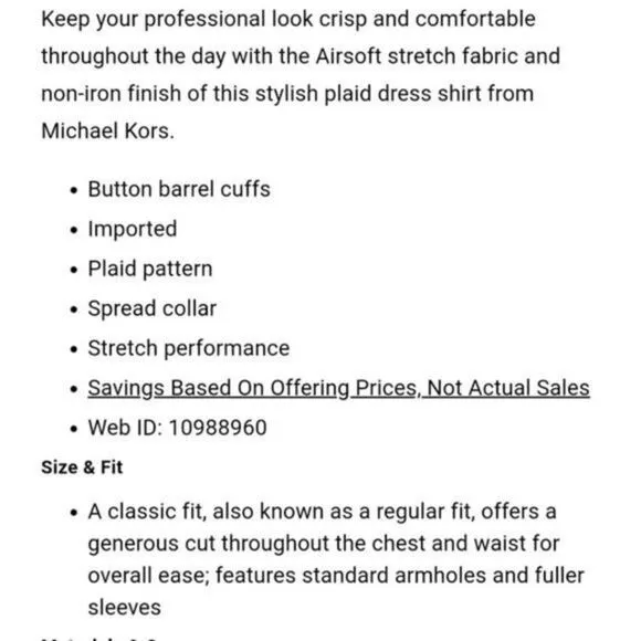 Michael Kors Airsoft Stretch Fabric Plaid Classic-Regular Fit Dress Shirt