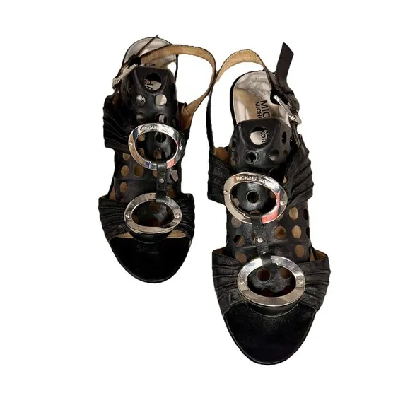 Michael Kors Bella Du Mod Sling Sandals Black Silver Rings Open Toes Shoes 10M