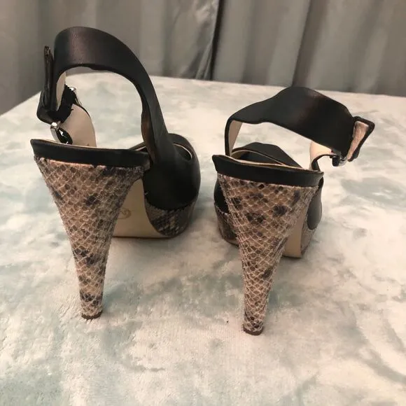Michael Kors Heels Womens 8.5M Black Leather &amp; Snake Print Peep Toe Platform