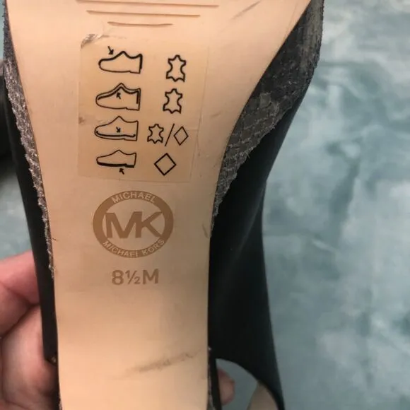 Michael Kors Heels Womens 8.5M Black Leather &amp; Snake Print Peep Toe Platform