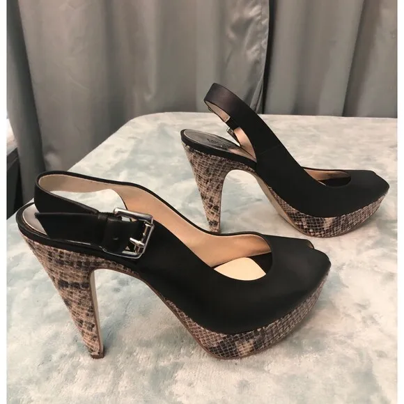 Michael Kors Heels Womens 8.5M Black Leather &amp; Snake Print Peep Toe Platform