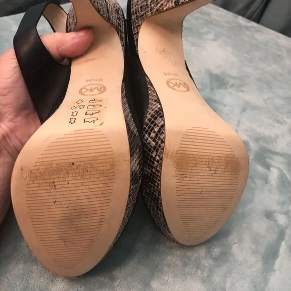 Michael Kors Heels Womens 8.5M Black Leather &amp; Snake Print Peep Toe Platform
