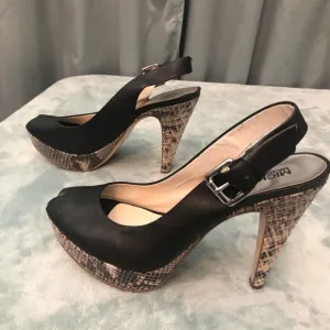 Michael Kors Heels Womens 8.5M Black Leather &amp; Snake Print Peep Toe Platform