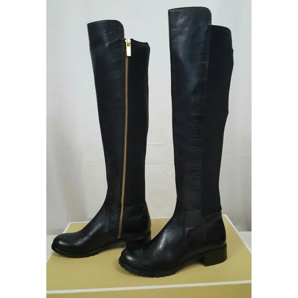 Michael Kors JOANIE Stretch Black Leather Gold Zip Over Knee Boots 5.5 NIB $250