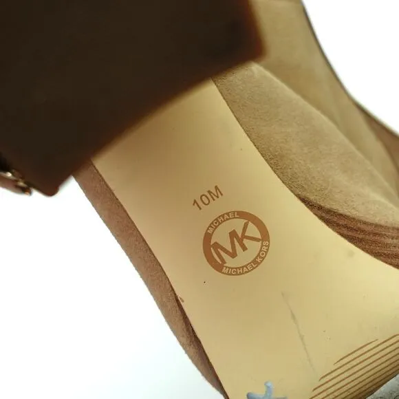 Michael Kors Piper Platform Tan Suede Peep Toe Block Heel Sandals Size 10