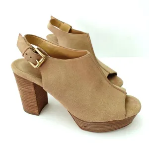 Michael Kors Piper Platform Tan Suede Peep Toe Block Heel Sandals Size 10