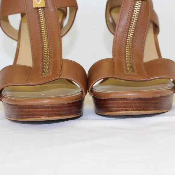 Michael Kors Womens Brown Berkly T-Strap Platform Dress Sandals Luggage Size 10