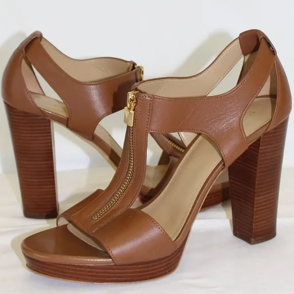 Michael Kors Womens Brown Berkly T-Strap Platform Dress Sandals Luggage Size 10