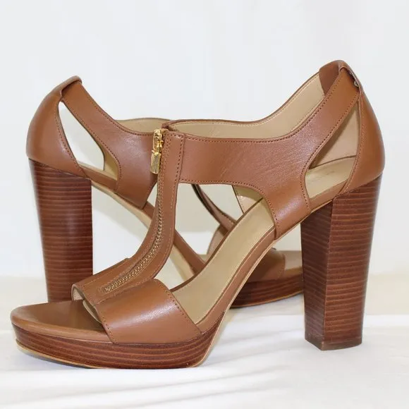 Michael Kors Womens Brown Berkly T-Strap Platform Dress Sandals Luggage Size 10