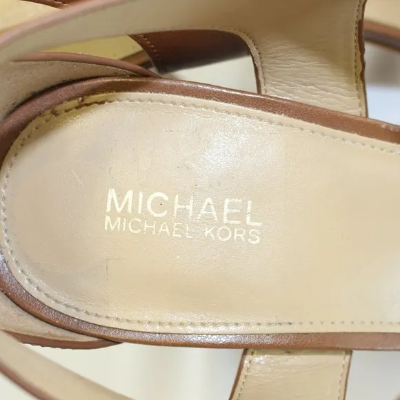 Michael Kors Womens Brown Berkly T-Strap Platform Dress Sandals Luggage Size 10