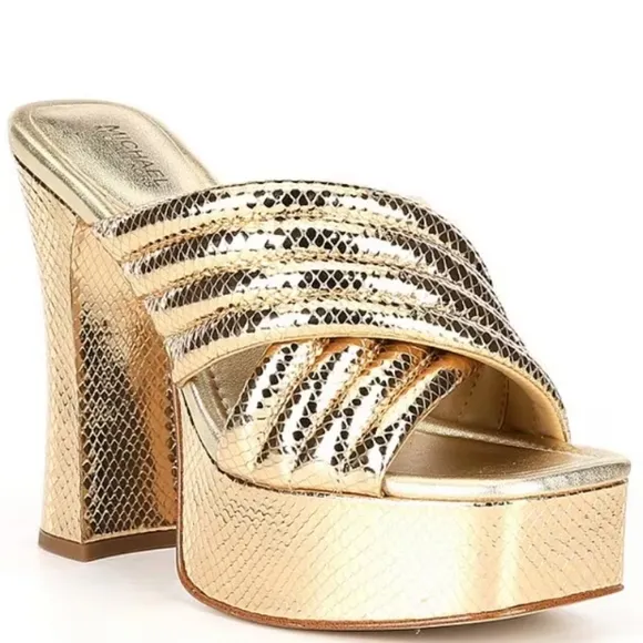 Michael Kors Womens Portia Gold Quilted Leather Platform Sandals Shoes NEW