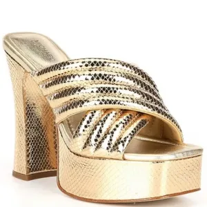 Michael Kors Womens Portia Gold Quilted Leather Platform Sandals Shoes NEW
