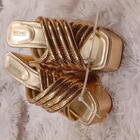 Michael Kors Womens Portia Gold Quilted Leather Platform Sandals Shoes NEW
