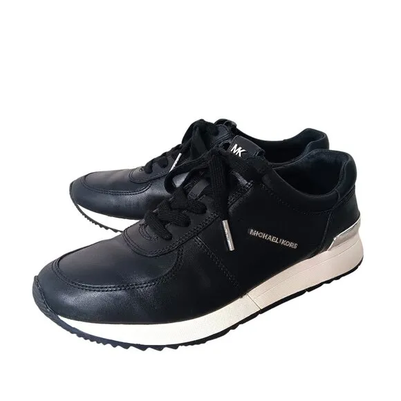 MICHAEL MICHAEL KORS Women's MK Allie Trainer Shoes Black Leather Sneakers SZ 8M