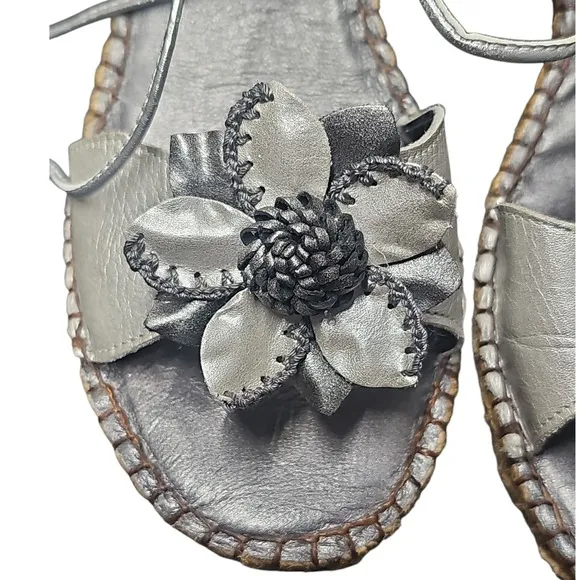 Mikala Silver Wedge Sandals Flower Ankle Tie Espadrille Brazil Shoes Size 8