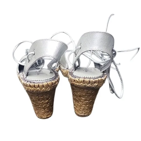 Mikala Silver Wedge Sandals Flower Ankle Tie Espadrille Brazil Shoes Size 8