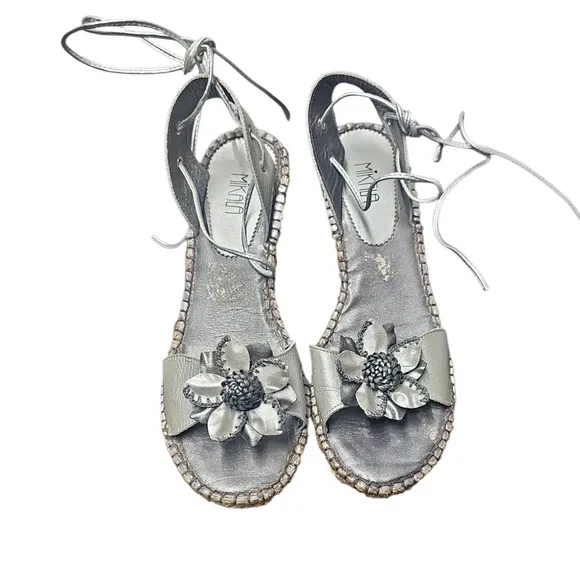 Mikala Silver Wedge Sandals Flower Ankle Tie Espadrille Brazil Shoes Size 8