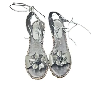 Mikala Silver Wedge Sandals Flower Ankle Tie Espadrille Brazil Shoes Size 8
